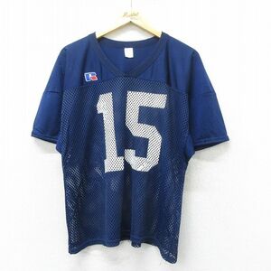 XL/古着 ラッセル 半袖 ビンテージ フットボール Tシャツ メンズ 80s 15 メッシュ地 Vネック 紺 ネイビー ユニフォーム ゲームシャツ 24jun