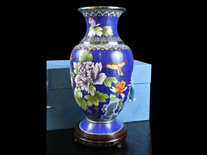 【雲】某コレクター買取品 名品 青釉花鳥絵付有線七宝花瓶 高さ43cm 台付 箱付 古美術品(花器花入飾壺)J683 DTxh6h1