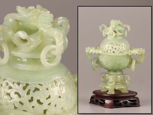 中国古玩 唐物 緑砡石 翡翠 置物 遊環 香炉 時代物 極上品 初だし品 C6338