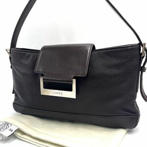 超美品●ロエベ LOEWE●アクセサリーポーチ ハンドバッグ ロゴプレート 金具 フラップ アナグラム バニティ 小物入れ 肩掛け ブラウン