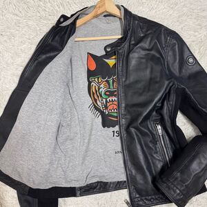 希少XLサイズ◎DIESEL ラムレザー パンチング ライダース ジャケット タイガー ブルゾン ロゴ メッシュ 羊革 ニット ディーゼル 黒