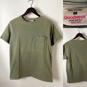 ★【希少レア USA製 色あせ有 国内正規品】GOODWEAR グッドウェア コットン100% 定番名作 無地 ポケットTシャツ 半袖 M カーキ 米国製 USED