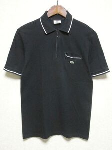 ★美品★LACOSTE ラコステ 半袖 ハーフジップ 鹿の子 ポロシャツ 3★黒 ブラック リブライン プルオーバー 日本製 ㈱ファブリカ PH007E