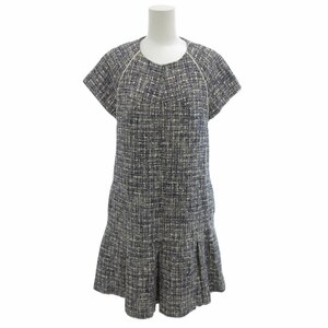 フォクシーニューヨーク FOXEY NEW YORK Parkett Boucle Dress ワンピース 混紡 総柄 半袖 ひざ丈 40 M 青 白 ブルー ホワイト