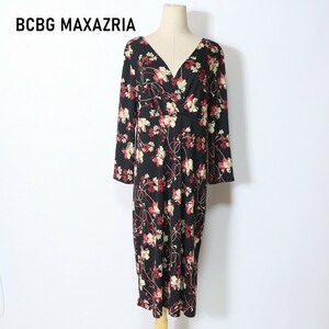 BCBG MAXAZRIA ビーシービージーマックスアズリア ロングワンピース 七分袖 花柄 おおきいサイズ 黒 ブラック XL YC115