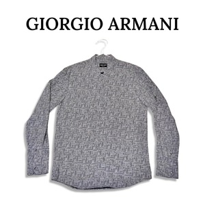 GIORGIO ARMANI ジョルジオ アルマーニ ノーカラー Vネック 総柄 長袖 シャツ メンズ size 40 ネイビー 9SGCCZ12TZ20018