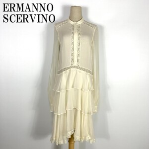 LA2649 エルマンノシェルビーノ シルク100％長袖ワンピースERMANNO SCERVINO シアー 透け感あり ポケット無しアイボリー40