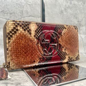 希少色/極美品●GUCCI グッチ ソーホー パイソン 長財布 蛇革 マルチカラー タッセル ラウンドファスナー ジップ 多収納 メンズ