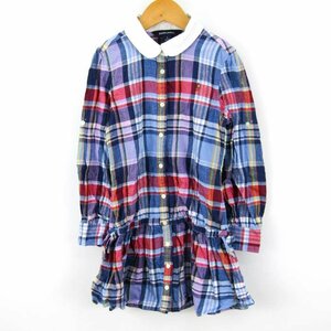 ラルフローレン 長袖ワンピース シャツワンピ チェック柄 ポニーロゴ トップス キッズ 女の子用 8 サイズ ブルー RALPH LAUREN