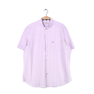 【送料無料】バーバリー 香港製 ギンガムチェック ボタンダウンシャツ ワンポイントロゴ 薄紫 BURBERRY 半袖シャツ メンズXXL 古着 @CB1213