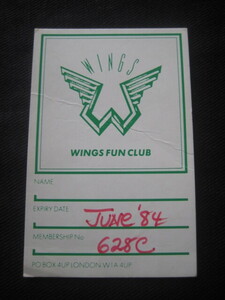 英国WINGS　FUN　CLUB　MEMBERS　CARD/ポール・マッカートニー