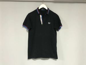 本物フレッドペリーFREDPERRYコットンロゴ刺繍半袖ポロシャツメンズサーフアメカジミリタリーワークゴルフスポーツ黒ブラックS日本製