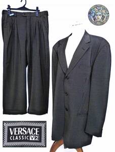 VERSACE ヴェルサーチ　52　CLASSIC V2　シングル 3ッ釦スーツ　ブロックチェック　半裏　ウール100%？　黒茶系　スペイン製　 2TM：V4