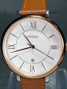 超美品 FOSSIL フォッシル ES3842 アナログ クォーツ 腕時計 ホワイト文字盤 レザーベルト デイトカレンダー ステンレス 新品電池交換済み