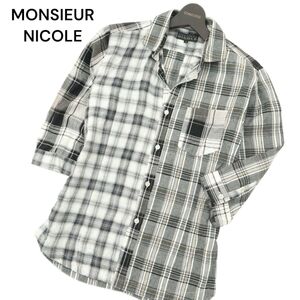 MONSIEUR NICOLE ムッシュ ニコル 春夏 麻 リネン混★ クレイジー切替 7分袖 チェック シャツ Sz.46　メンズ　A4T07094_6#A