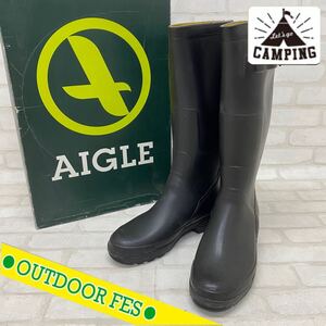 Y■26 AIGLE エーグル レインブーツ サイズ44 27㎝ ブラック 黒 フランス製 長靴 レインシューズ 雨靴 ロングブーツ 箱付き 