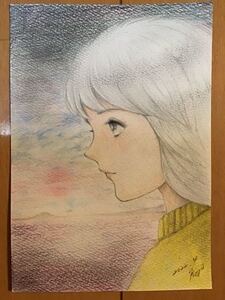 手書きイラスト　女の子　日の入り　★鉛筆　色鉛筆　ボールペン　★画用紙　★サイズ16.5×11.5㎝　★新品