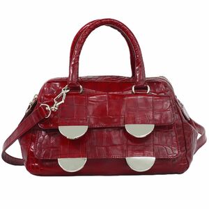 本物 フルラ FURLA 2WAY ショルダーバッグ ハンドバッグ ポシェット クロコダイル型押し レザー レッド