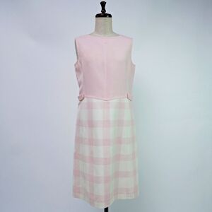 Courreges クレージュ ブランドロゴ ノースリーブワンピース ひざ丈 裏地あり チェック柄 ピンク サイズ11*VC182