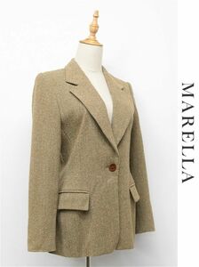 R272/ MARELLA マレーラ MAXMARA ツイード テーラードジャケット ヘリンボーン柄 1つボタン 総裏 ノーベント 40 L ブラウン