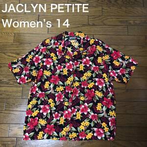 【送料無料】USA製JACLYN PETITE半袖アロハシャツ黒花柄総柄　レディース14サイズ　ハワイアン半袖シャツ