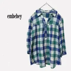 embebey 【M】 ブロックチェック スキッパーシャツ 7分袖 ブルー