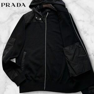 極美品/XL相当◎プラダ PRADA ハイブリッド ジップアップ パーカー ニット ジャケット ナイロン切替 ブルゾン ストレッチ ブラック 黒 52