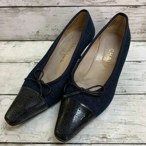 【中古品】CHANEL シャネル パンプス 24cm デニム 38 ブラック ヒール約4.5cm レディース