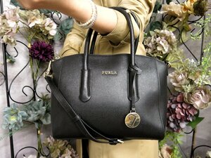 ●超美品●FURLA フルラ●Tessa テッサ●ロゴ金具●カーフ レザー 本革●2way ハンド バッグ●黒●ゴールド金具●斜め掛け●Js51805