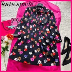 【美品】kate spade 膝丈ワンピース ブラック 花柄 2 フレア M