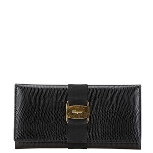 サルヴァトーレフェラガモ ヴァラリボン リザード型押し 長財布 ブラック レザー レディース Salvatore Ferragamo 【中古】