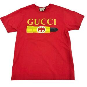 GUCCI/グッチ リップスティック　クルーネック 717422 半袖Ｔシャツ コットン100％ レッド レディース