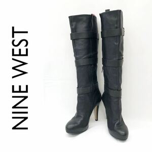 NINE WEST ナインウエスト ロングブーツ ピンヒール ベルトレザー アッパー アーモンドトゥ 黒 ブラック サイズ6 1/2 23.5