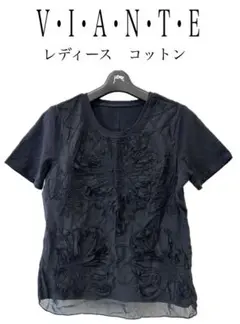 VIANTE ビアンテ　カットソー　黒　半袖　花　モチーフ　Tシャツ　レディース