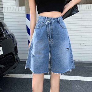 デニムショートパンツ ショーパン ジーパン ダメージ加工 ハイウエスト L ライトブルー