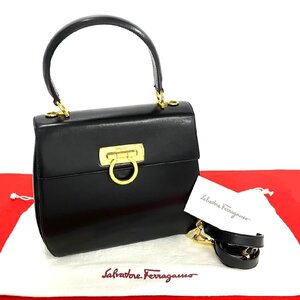 極 美品 Salvatore Ferragamo サルヴァトーレフェラガモ ガンチーニ 金具 レザー 2way ハンドバッグ ショルダーバッグ ブラック 26255