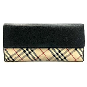 仙53 BURBERRY ノバチェック 長財布 ベージュ ブラック キャンバス レザー バーバリー ロングウォレット 札入れ 小銭入れ