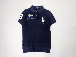 17．ラルフローレン RALPH LAUREN SWEDEN ビッグポニー 鹿の子 半袖ポロシャツ メンズ S ネイビー黄色青白 x404