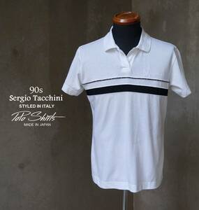 90s 日本製 セルジオ・タッキーニ Sergio Tacchini 白 紺&チェックライン 綿ポリ 70/30 半袖 ポロシャツ S M L男女兼用