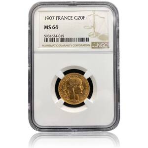 1907年 フランス マリアンヌ ルースター 20フラン 金貨 NGC MS64 ゴールド アンティークコイン モダン