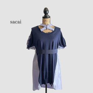 sacai サカイ ワンピース ネイビー 異素材切り替え