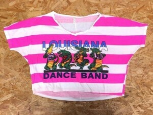 AUDREY オードリー ルイジアナ DANCE BAND ワニ 切替 韓国 半袖Tシャツ レディース ボーダー柄 薄手 ピンク