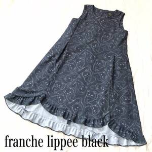 franche lippee black フランシュリッペ ブラック つかまえた！ねこ つかまえたねこ 猫 ネコ 総柄 ワンピース M 美品 ミモレ丈 ロング 