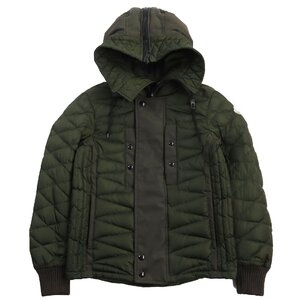 美品●MONCLER モンクレール ERNEST 異素材切り替え ロゴワッペン付き キルティング フーデッドダウンジャケット カーキ 0 正規品 メンズ