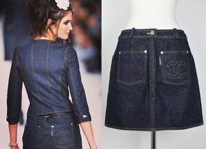 96P CHANEL シャネル ココマーク ステッチ コインボタン ロゴタブ デニム ミニスカート 38 denim skirt b6624