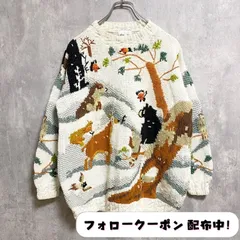 古着 used　BhS　長袖アニマル柄刺繍ニット　セーター　クルーネック　動物　トナカイ　鳥　白　ホワイト　個性的　秋冬服