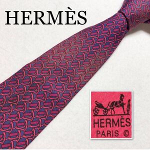 HERMES エルメス　ネクタイ　金具　総柄　シルク100% フランス製　　ブルー×レッド　ビジネス