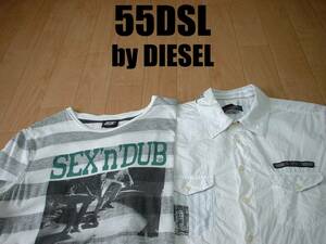 即戦力2着セット高級55DSL by DIESELフォトプリントTシャツ&ホワイト白シャツS正規ディーゼルフィフティーファイブボーダーステンシルWORK