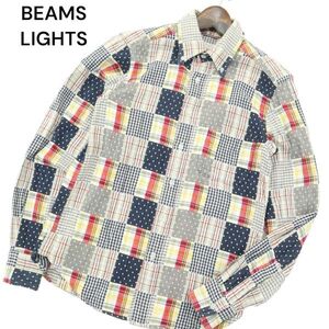 BEAMS LIGHTS ビームス ライツ 通年 パッチワーク風★ チェック＆ドット柄 長袖 ボタンダウン ガーゼ シャツ Sz.S　メンズ　C4T04716_5#C