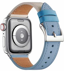 コンパチブル Apple Watch バンド アップルウォッチ バンド 本革製 レザー (38/40/41mm,ライトブルー・アイボリー/シルバーバックル)